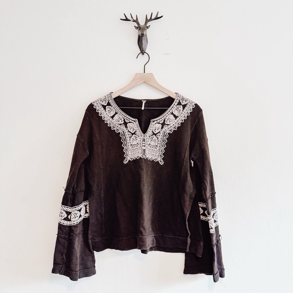 Free People Women's Black/White Knit Trim Top Size Small